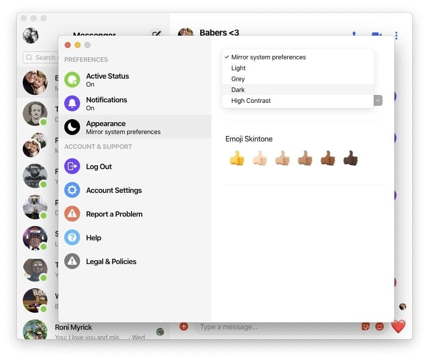 Theme Options Facebook Messenger on Mac