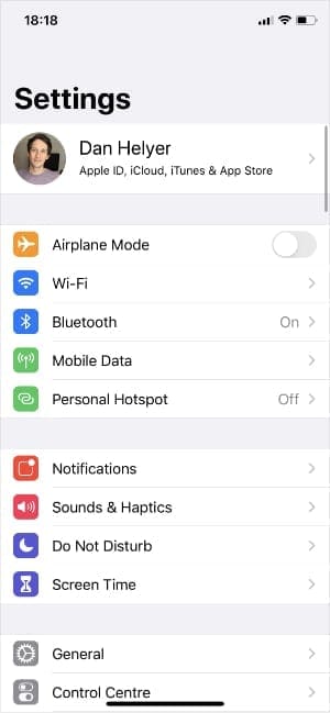 iPhone Settings showing Apple ID option