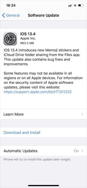 iPhone Software Update settings with Automatic Updates turned on