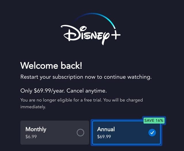 restart Disney+ subscription after cancelling it