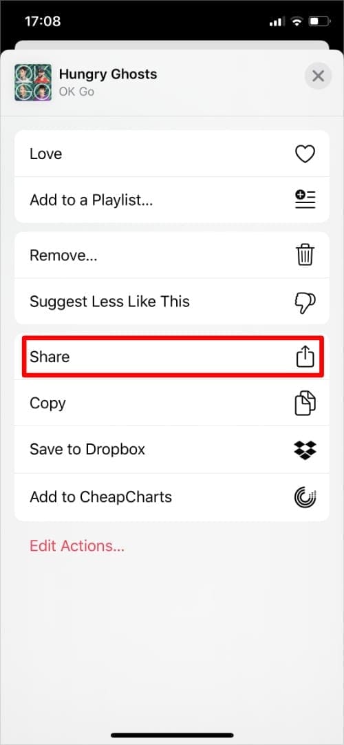 Apple Music share sheet highlighting Share button for an album