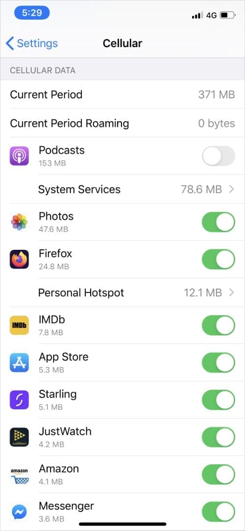 Cellular Data settings on iPhone