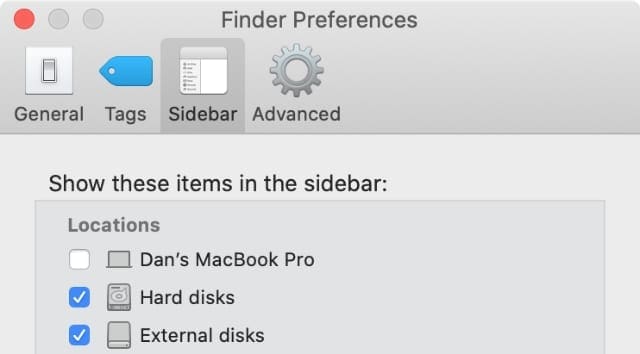 Finder Preferences with Locations checkboxes
