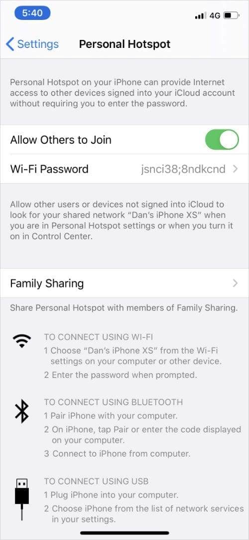 Personal Hotspot settings