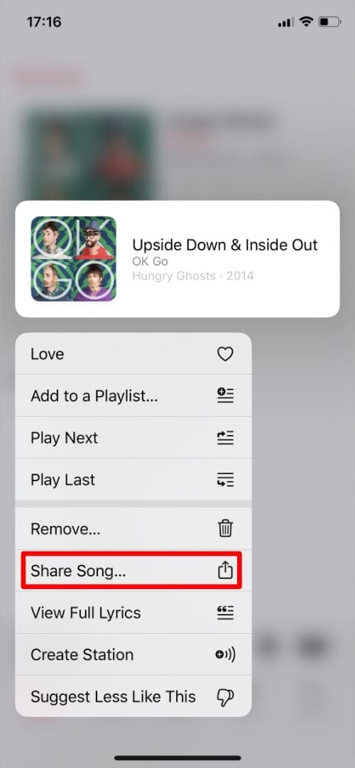 Pop-up action menu from song in Apple Music