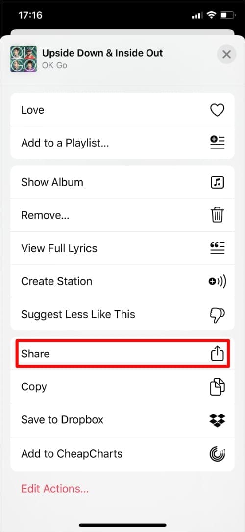 Share Sheet for song in Apple Music