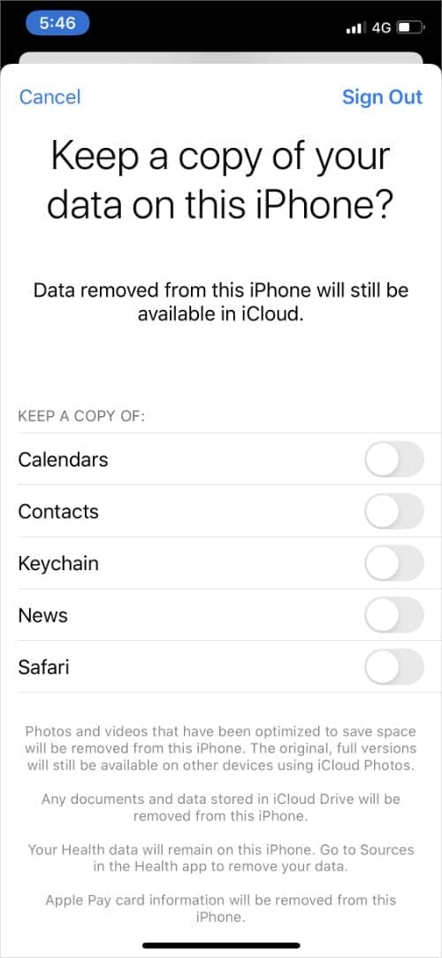 Sign out page to copy data on iPhone