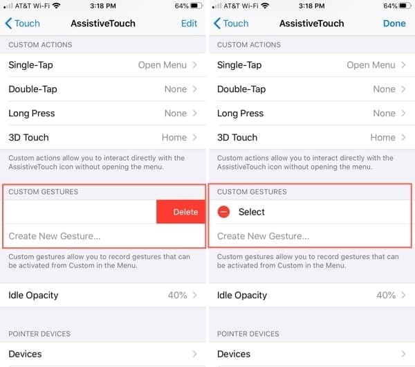 AssistiveTouch Delete Custom Gestures-iPhone