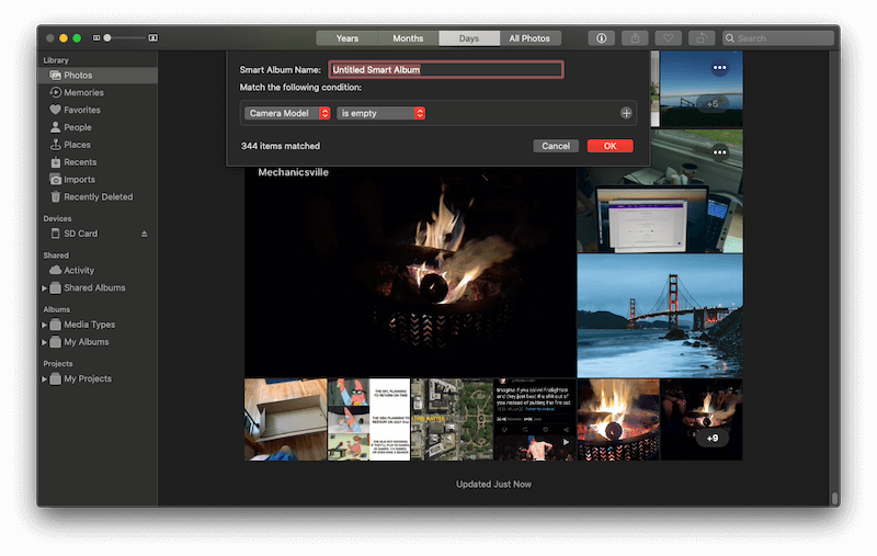 Create new troubleshooting Smart Album in Photos on Mac