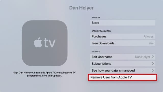 Eliminar usuario de la opción Apple TV en la configuración de la cuenta