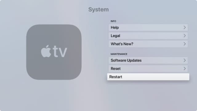 Opción de reinicio desde Configuración del sistema en Apple TV
