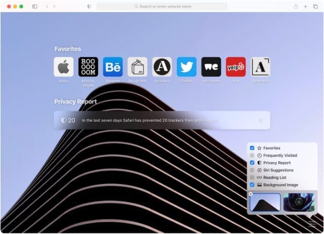 Safari start screen with view options