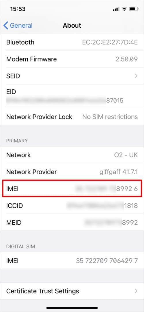 About Settings on iPhone highlighting IMEI number