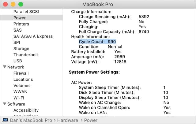 Battery Cycle Count in System Report