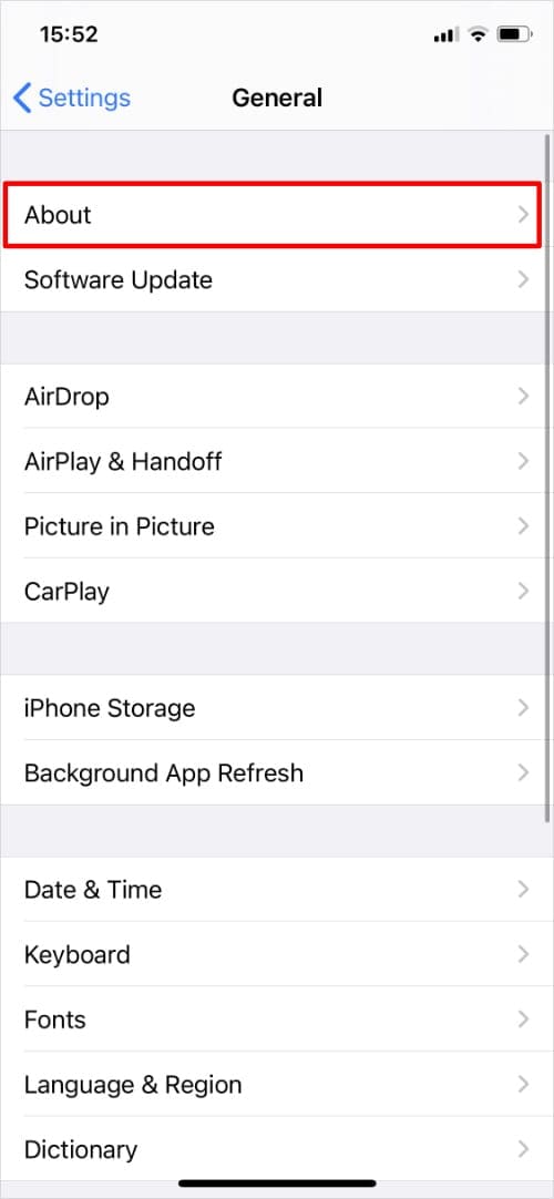 General Settings on iPhone highlighting About option