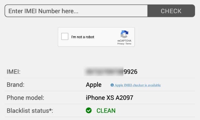 IMEI scan showing clean result