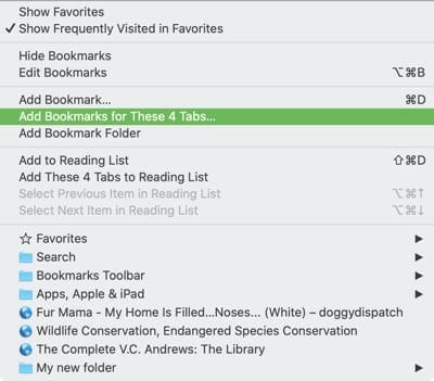 Add bookmarks for open tabs Safari Mac