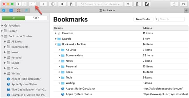 Bookmark list Safari Mac