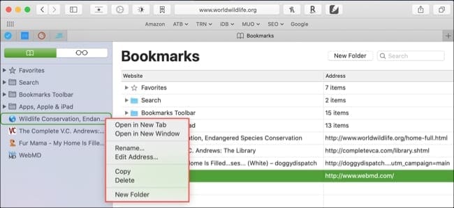 edit bookmarks safari