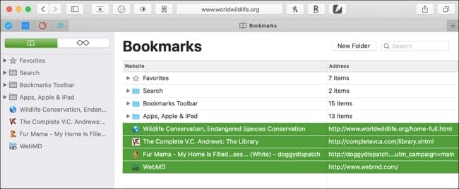 Select bookmarks Safari Mac