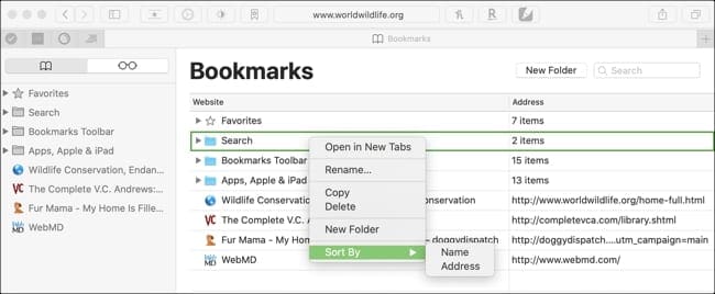 Sort bookmarks Safari Mac