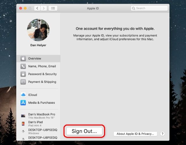 Sign Out option from Apple ID System Preferences on Mac