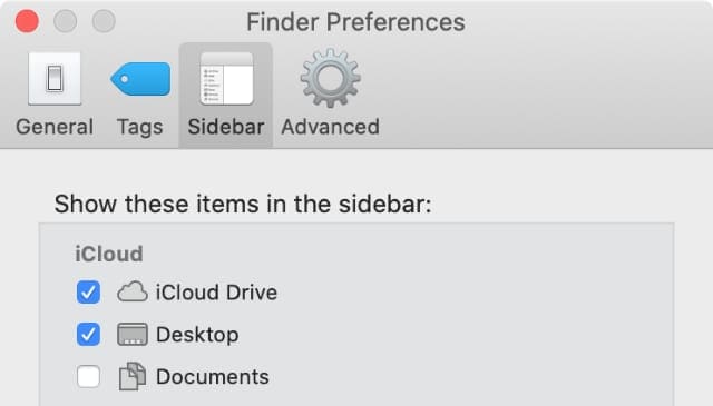 iCloud Drive sidebar view in Finder preferences