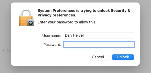 Administrator password entry window on macOS Big Sur