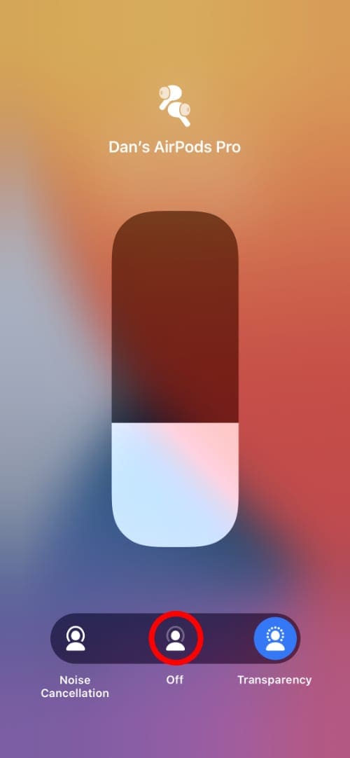 AirPods controls in Control Center highlighting Off option