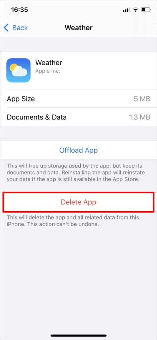 Delete App option for Weather app in Settings