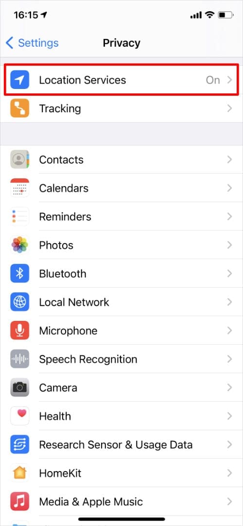 Privacy settings highlighting Location Services on iPhone