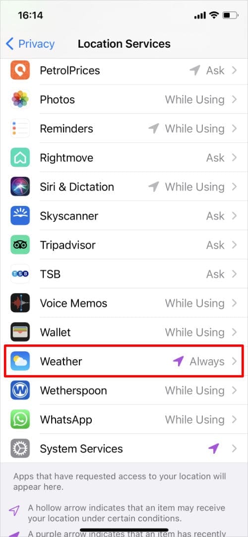 Weather option from Location Services settings
