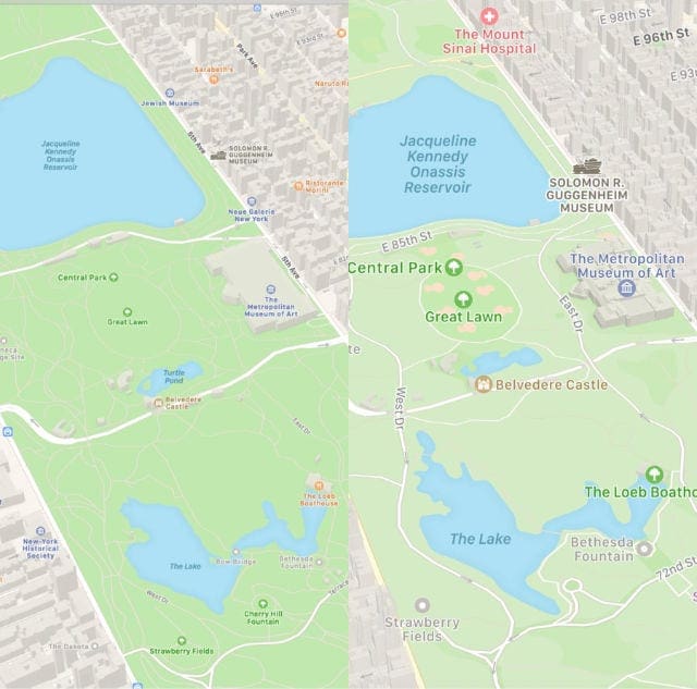 Side-by-side comparison of old and new Apple Maps