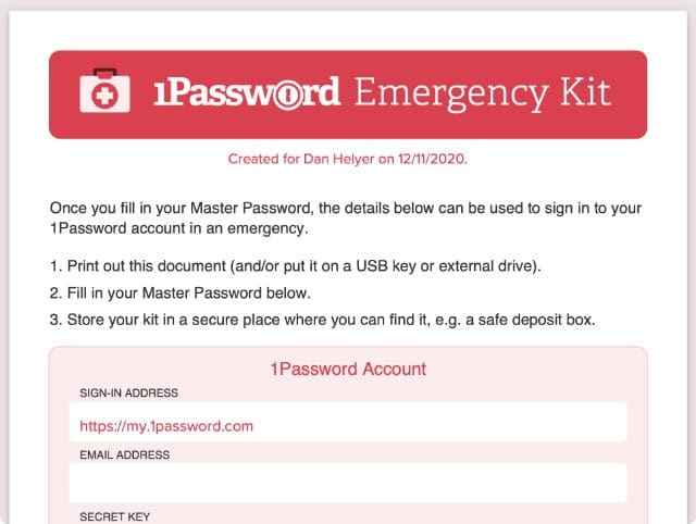 1Password Emergency Kit PDF