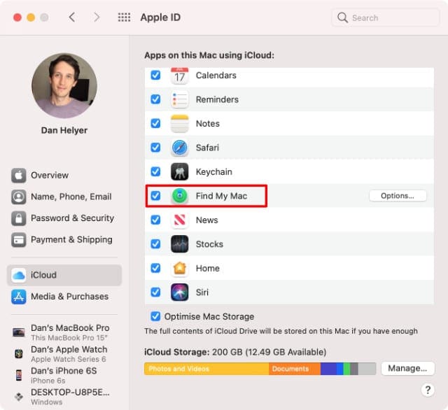 Apple ID System Preferences on Mac highlighting Find My Mac option