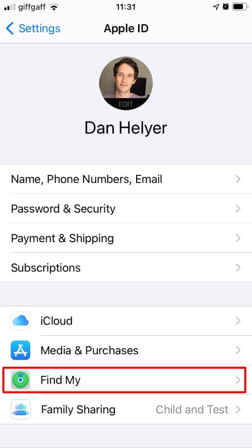 Apple ID settings on iPhone highlighting Find My option