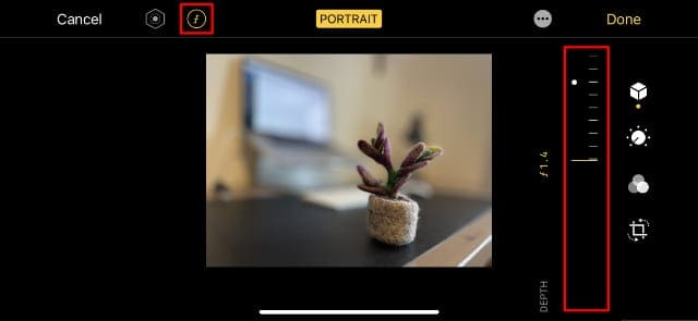 Editing the f-stop settings for a Portrait photo on iPhone