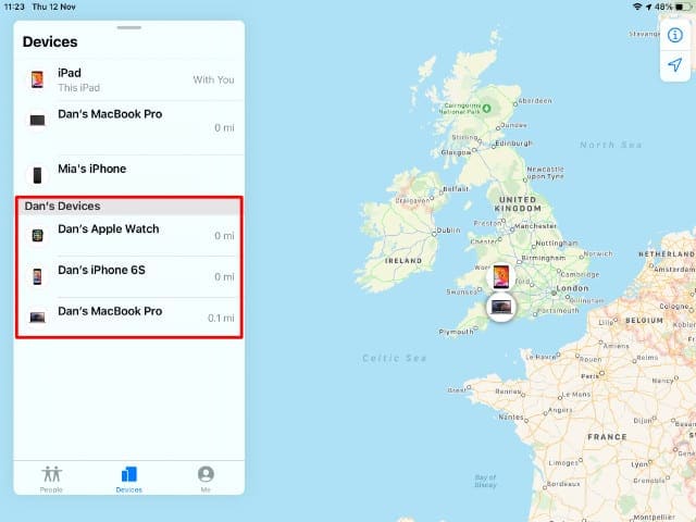 Family member's devices in Find My app