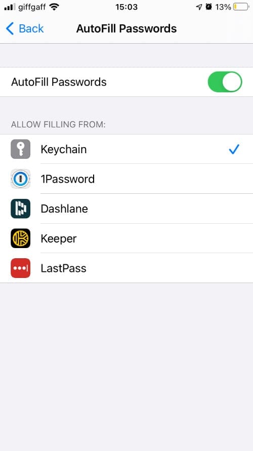 AutoFill Passwords settings