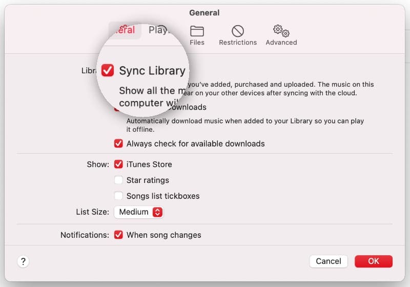 Sync Library option in Apple Music preferences