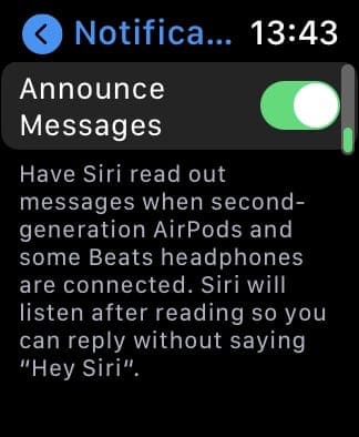 Apple Watch Announce Messages option
