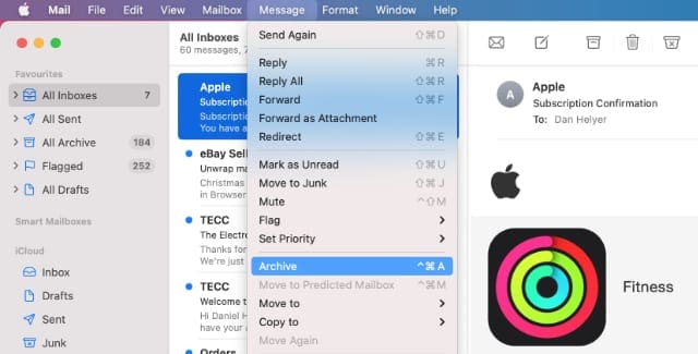 Archive option in Mail menu bar