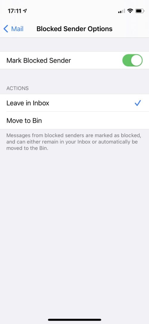 Blocked Sender Options on iPhone
