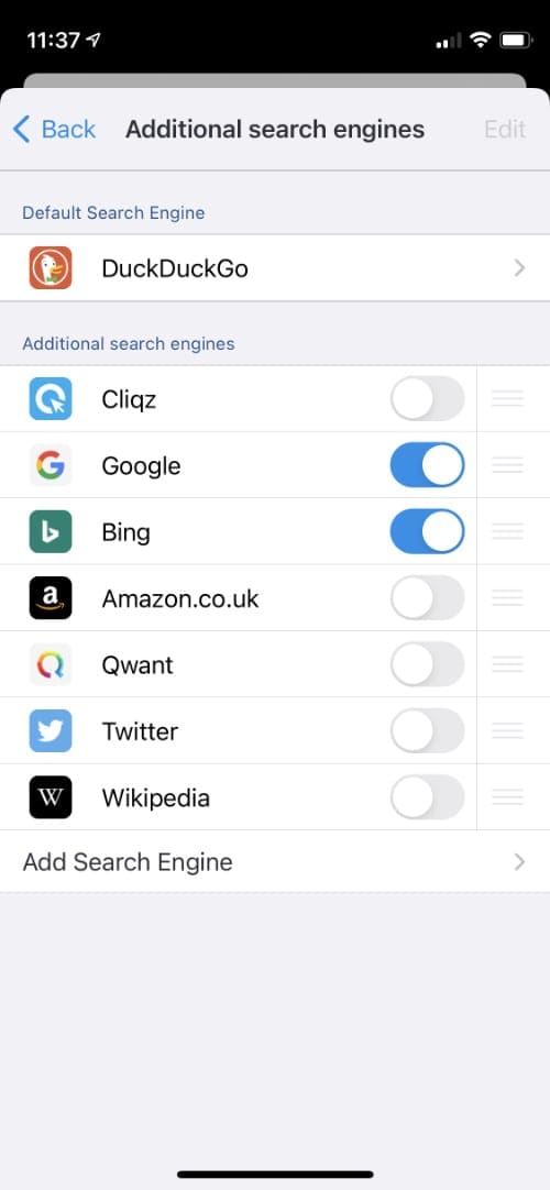 Ghostery search engine options