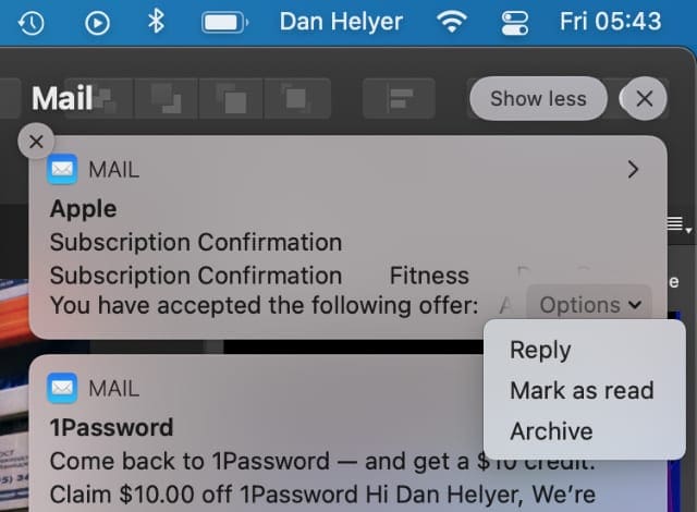 Mail alert notification with Archive email option on Mac