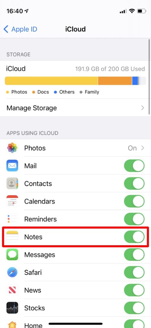Notes option in iCloud settings