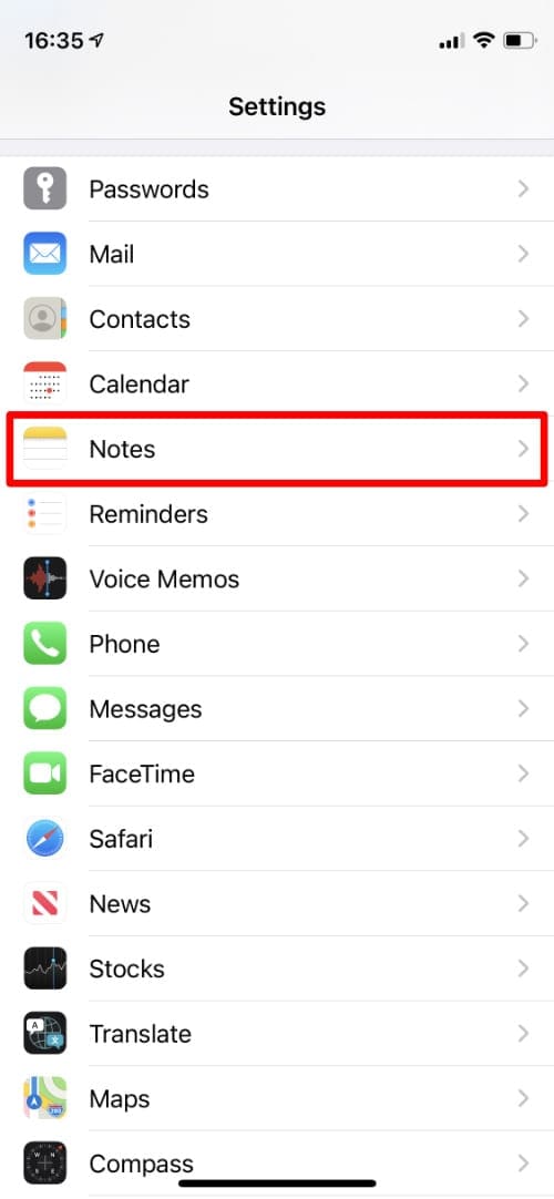 Settings app highlighting the Notes option