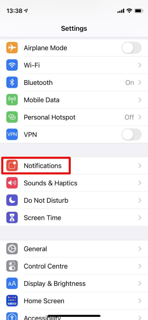 Settings showing Notifications