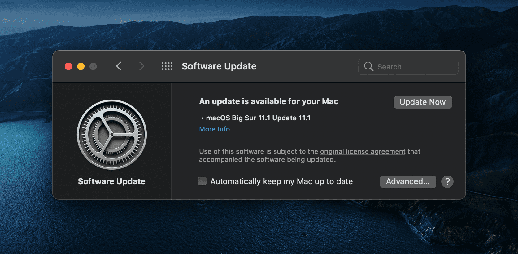 Actualización de software disponible macOS Big Sur