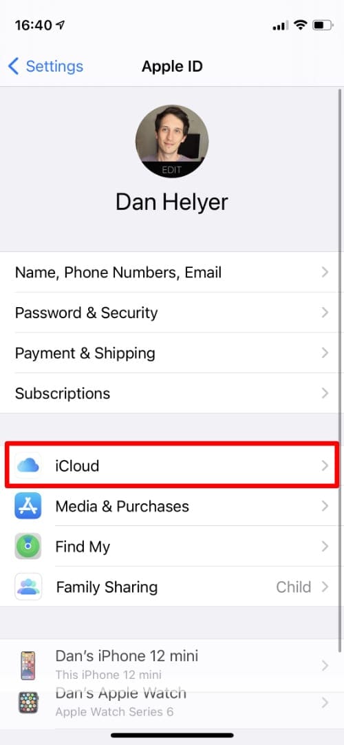 iCloud option in Apple ID settings